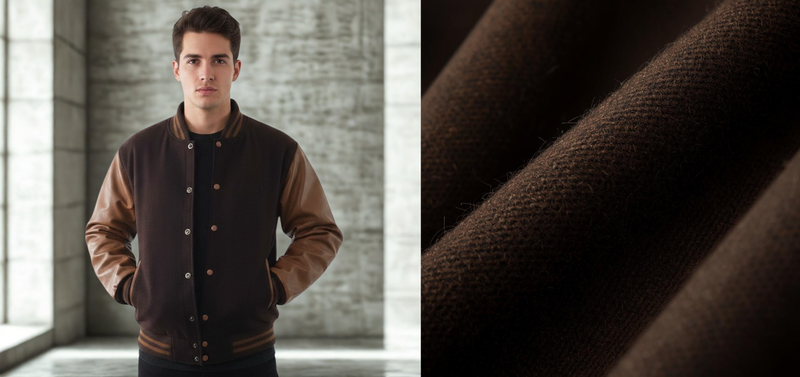 Detaillierte Makroaufnahme der hochwertigen, dunkelbraunen Schurwolle des Jacken-Bodys von Windhound Premium Streetwear.