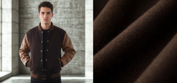 Braune Herren College-Jacke mit hellen Ärmeln und Detailaufnahme des Stoffgewebe