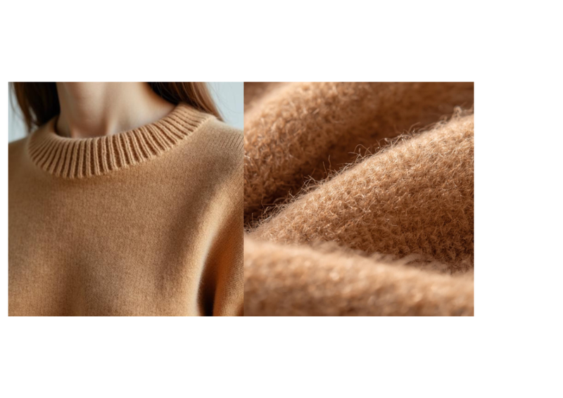 Beiger Balldiri Kaschmirpullover für Damen mit geripptem Rundhalsausschnitt und Detailaufnahme der weichen Stoffstruktur.