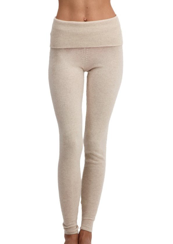 Balldiri 100% Kaschmir Damen Leggings mit breitem Bund - 2 - fädig - beige - Balldiri