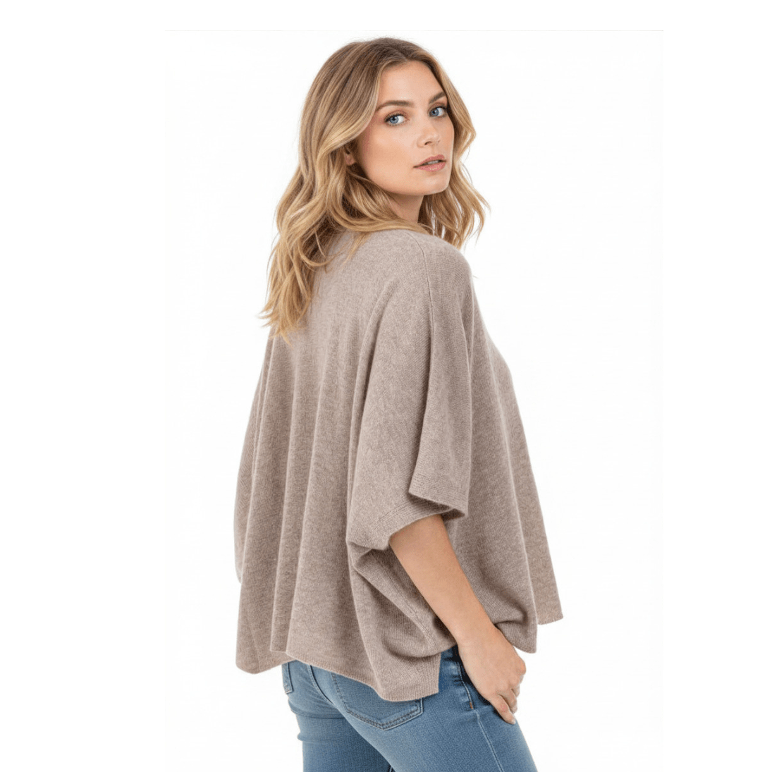 Balldiri 100% Kaschmir Damen Poncho 2 - fädig - naturbraun - Balldiri