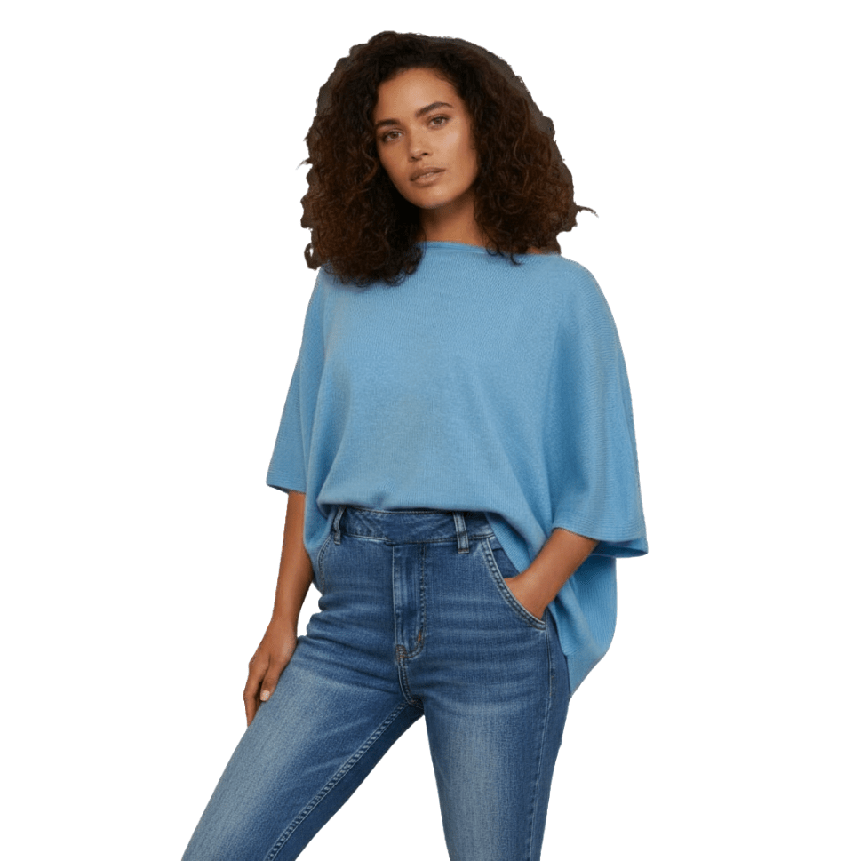 Balldiri 100% Kaschmir Damen Poncho 2 - fädig - azurblau - Balldiri