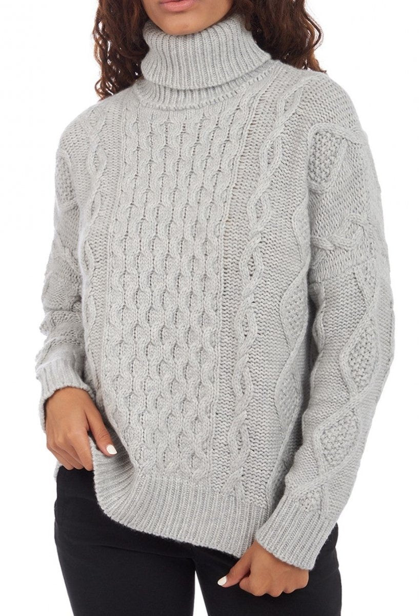 Balldiri 100% Kaschmir Damen Pullover mit Zopfrollkragen 12 - fädig - hellgrau - Balldiri