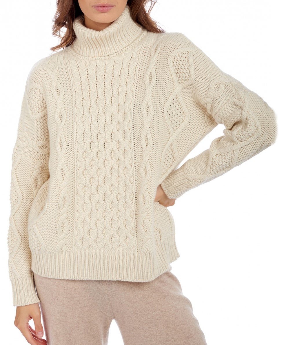 Balldiri 100% Kaschmir Damen Pullover mit Zopfrollkragen 12 - fädig - natural ecru - Balldiri