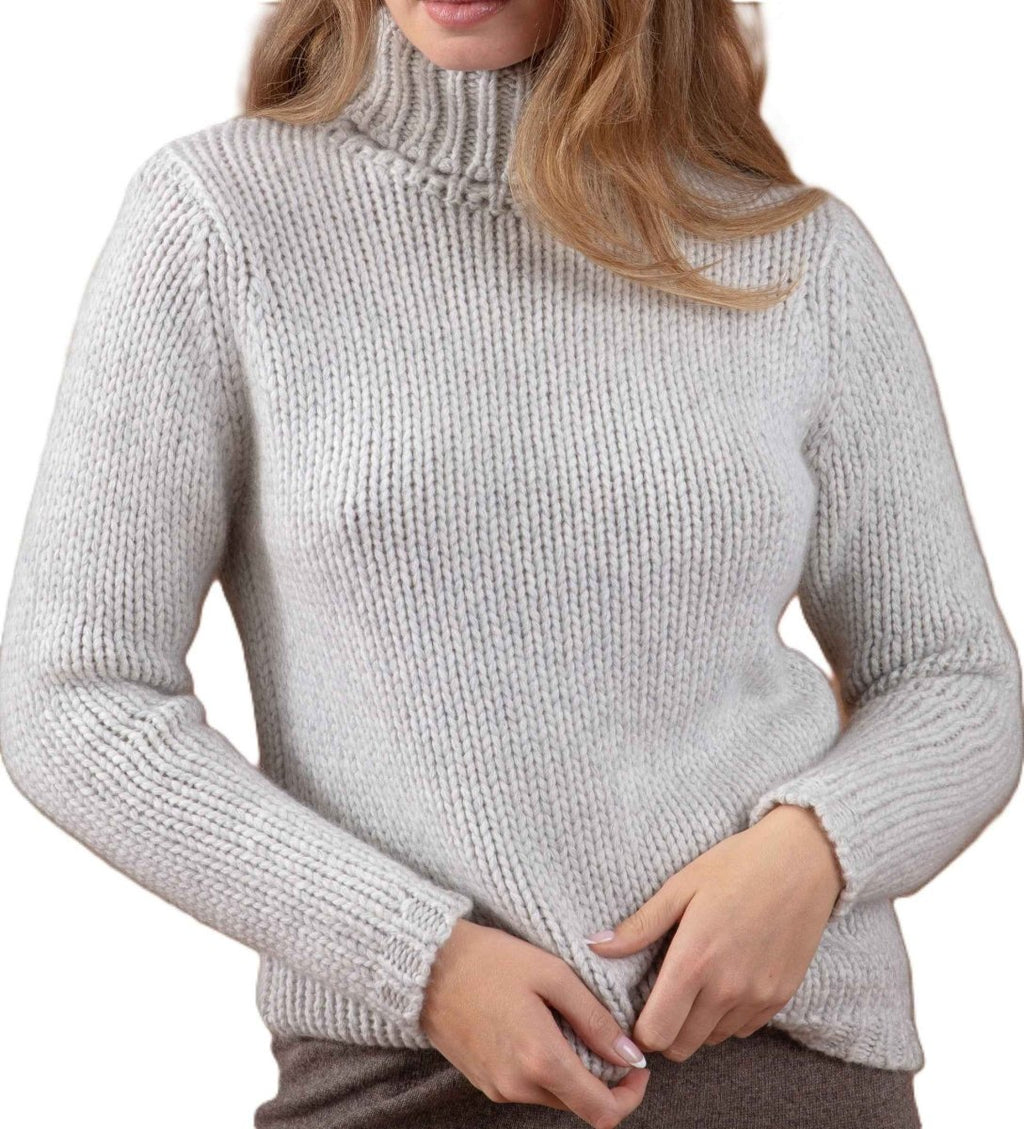 Balldiri 100% Kaschmir Damen Pullover Rollkragen 28 - fädig - hellgrau/ecru - Balldiri
