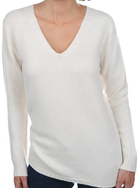 Balldiri 100% Kaschmir Damen Pullover V - Pullover 6 - fädig für stilvolles Tragen - ecru - Balldiri