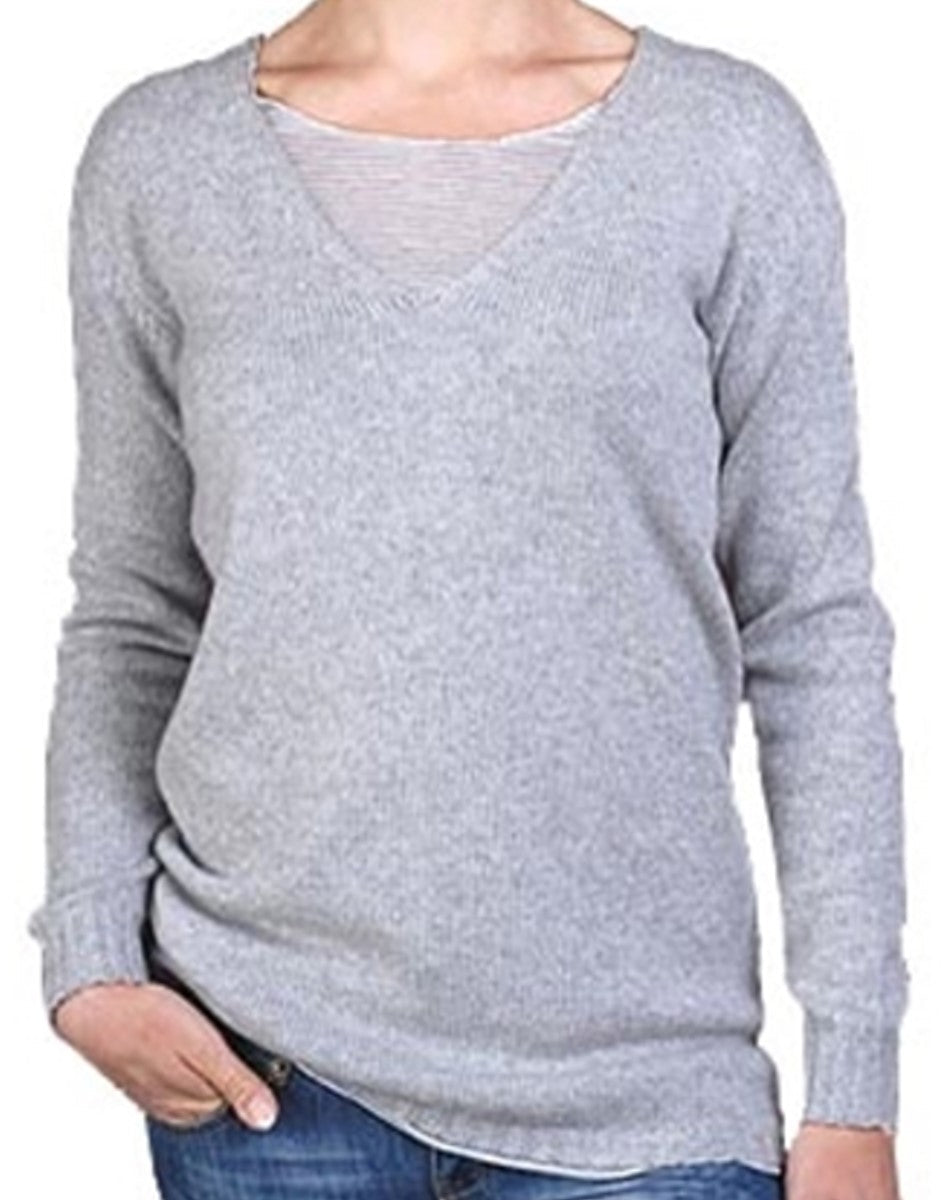 Balldiri 100% Kaschmir Damen Pullover V - Pullover 6 - fädig für stilvolles Tragen - hellgrau - Balldiri