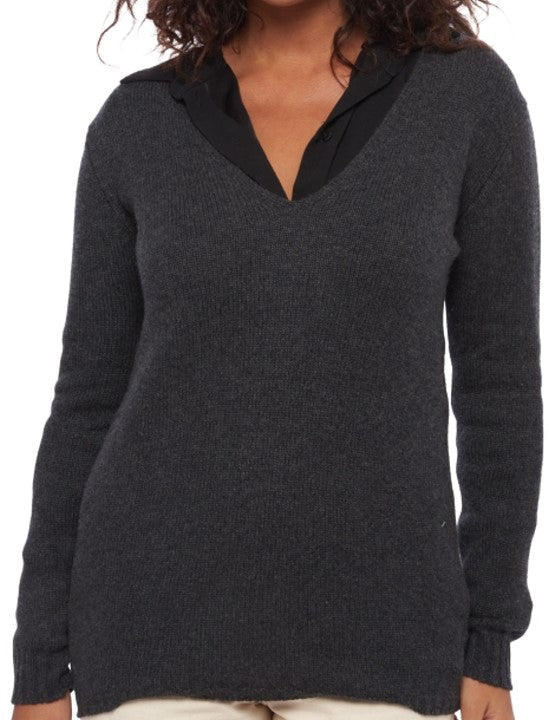 Balldiri 100% Kaschmir Damen Pullover V - Pullover 6 - fädig für stilvolles Tragen - anthrazit meliert - Balldiri