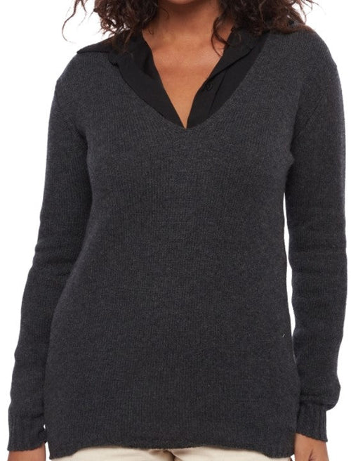 Balldiri 100% Kaschmir Damen Pullover V - Pullover 6 - fädig für stilvolles Tragen - anthrazit meliert - Balldiri