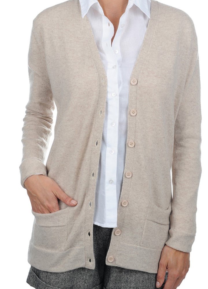 Balldiri 100% Kaschmir Damen Strickjacke - 2 - fädig - beige - Balldiri