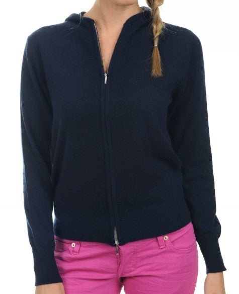 Balldiri 100% Kaschmir Damen Strickjacke mit Kapuzen 2 - fädig - nachtblau - Balldiri