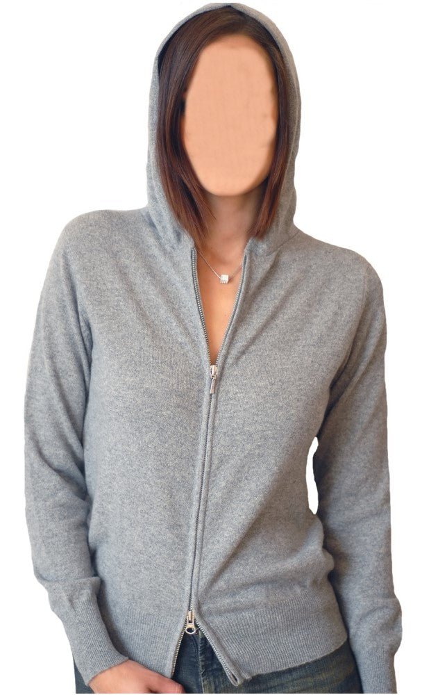 Balldiri 100% Kaschmir Damen Strickjacke mit Kapuzen 2 - fädig - grau - Balldiri