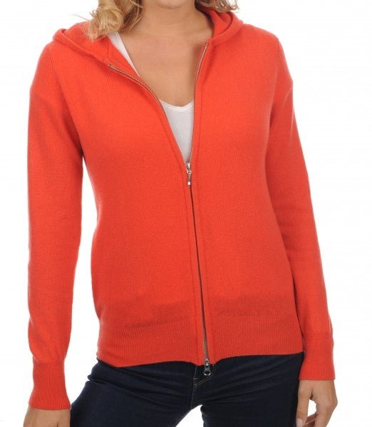 Balldiri 100% Kaschmir Damen Strickjacke mit Kapuzen 2 - fädig - koralle - Balldiri