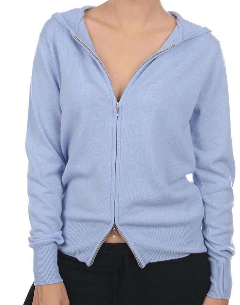 Balldiri 100% Kaschmir Damen Strickjacke mit Kapuzen 2 - fädig - himmelblau - Balldiri