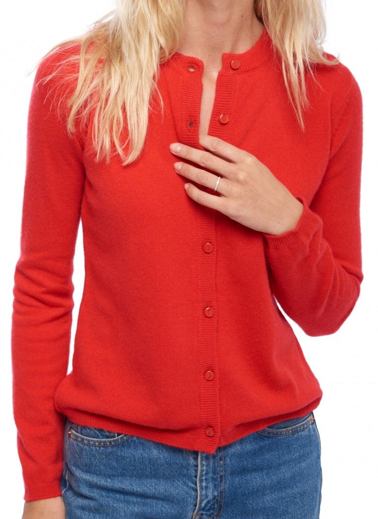 Balldiri 100% Kaschmir Damen Strickjacke Rundhals 2 - fädig - rot - Balldiri