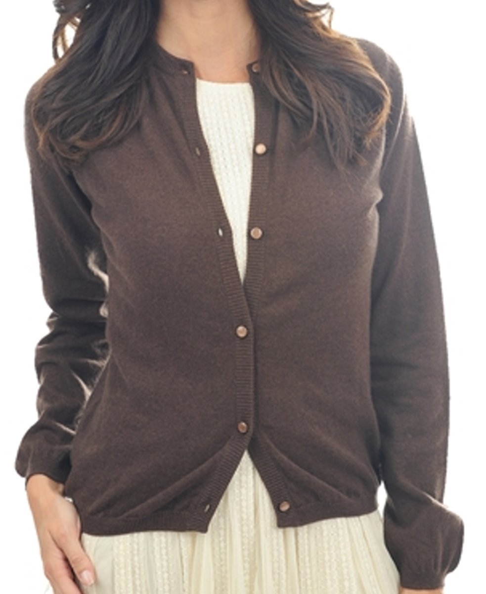 Balldiri 100% Kaschmir Damen Strickjacke Rundhals 2 - fädig - braun - Balldiri