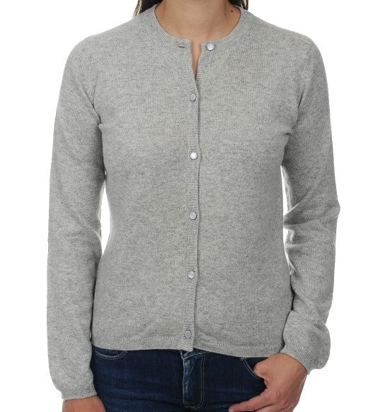 Balldiri 100% Kaschmir Damen Strickjacke Rundhals 2 - fädig - hellgrau - Balldiri