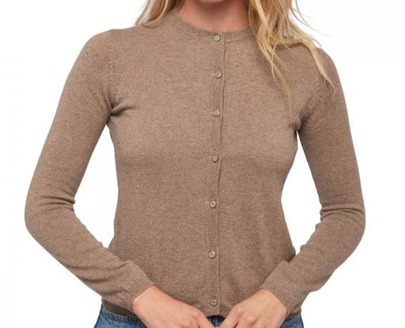 Balldiri 100% Kaschmir Damen Strickjacke Rundhals 2 - fädig - naturbraun - Balldiri