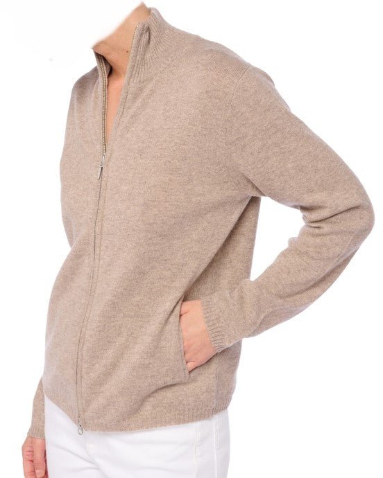 Balldiri 100% Kaschmir Damen Strickjacke Stehkragen 2 - fädig - naturbraun - Balldiri