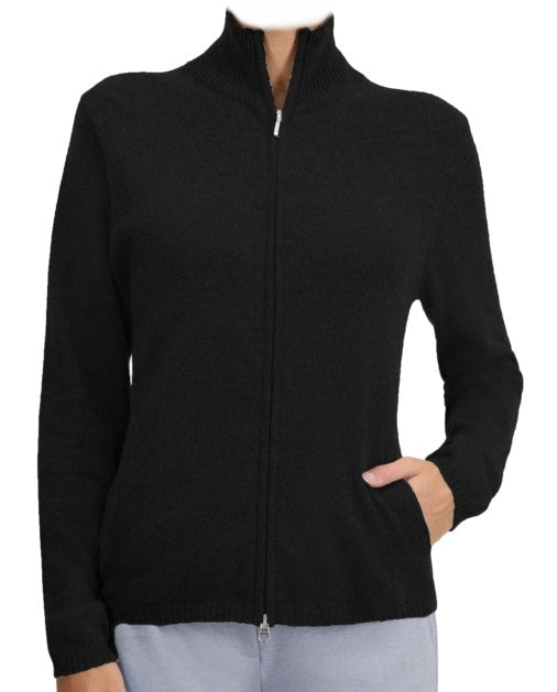 Balldiri 100% Kaschmir Damen Strickjacke Stehkragen 2 - fädig - Schwarz - Balldiri