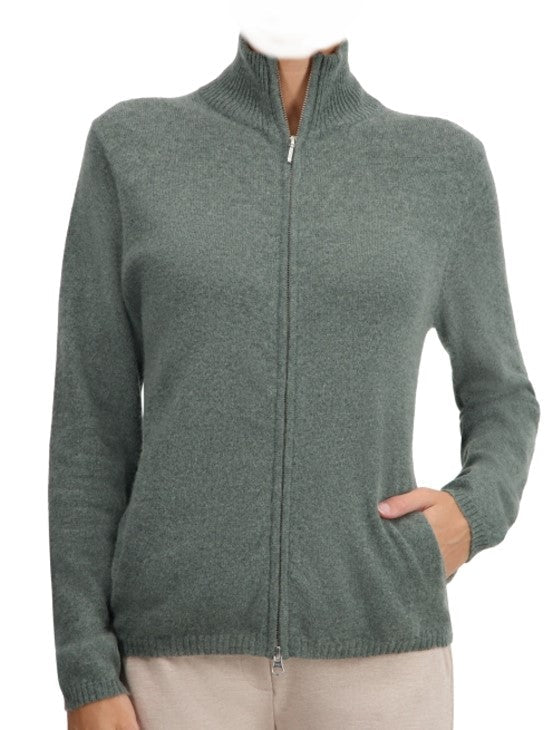 Balldiri 100% Kaschmir Damen Strickjacke Stehkragen 2 - fädig - graugrün - Balldiri