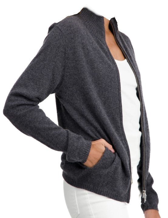 Balldiri 100% Kaschmir Damen Strickjacke Stehkragen 2 - fädig - anthrazit meliert - Balldiri