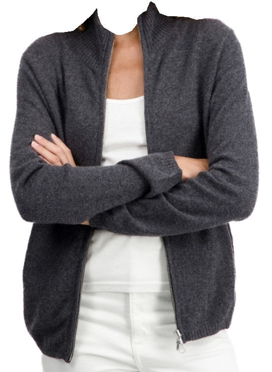Balldiri 100% Kaschmir Damen Strickjacke Stehkragen 2 - fädig - anthrazit meliert - Balldiri
