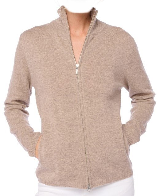Balldiri 100% Kaschmir Damen Strickjacke Stehkragen 2 - fädig - naturbraun - Balldiri