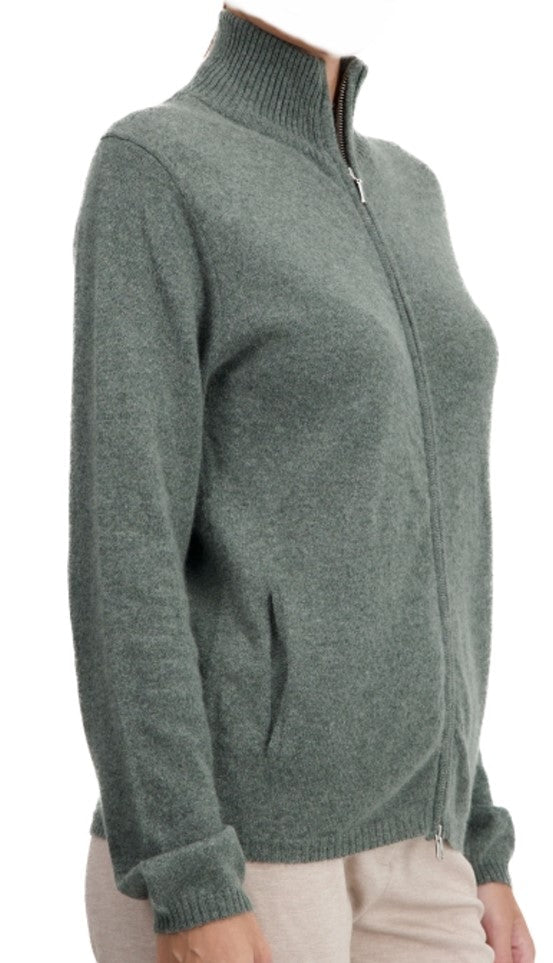 Balldiri 100% Kaschmir Damen Strickjacke Stehkragen 2 - fädig - graugrün - Balldiri