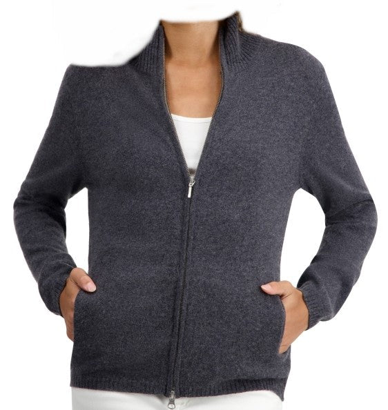 Balldiri 100% Kaschmir Damen Strickjacke Stehkragen 2 - fädig - anthrazit meliert - Balldiri