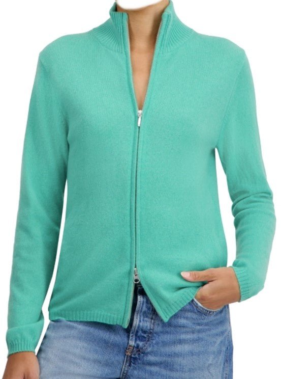 Balldiri 100% Kaschmir Damen Strickjacke Stehkragen 2 - fädig - Grün - Balldiri