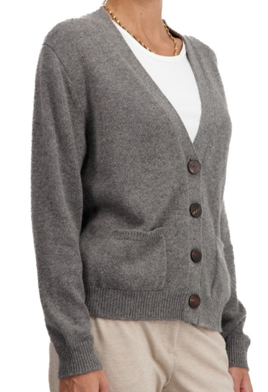 Balldiri 100% Kaschmir Damen Strickjacke V - 4 - fädig - graubraun - Balldiri