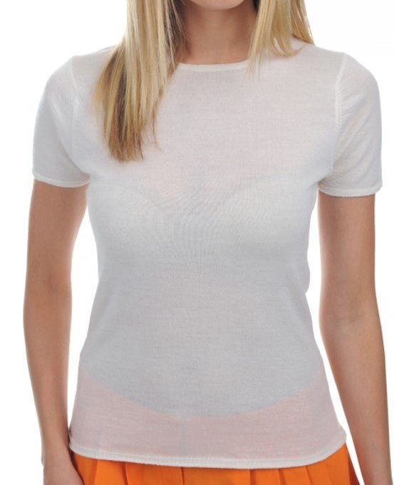 Balldiri 100% Kaschmir Damen T-Shirt Rundhals 2 - fädig - weiß - Balldiri