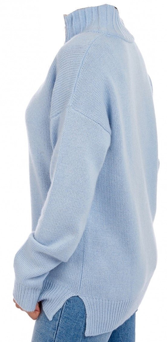 Balldiri 100% Kaschmir Damen Troyer mit Kontrastkragen 6 - fädig - himmelblau - Balldiri