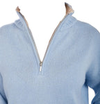 Balldiri 100% Kaschmir Damen Troyer mit Kontrastkragen 6 - fädig - himmelblau - Balldiri