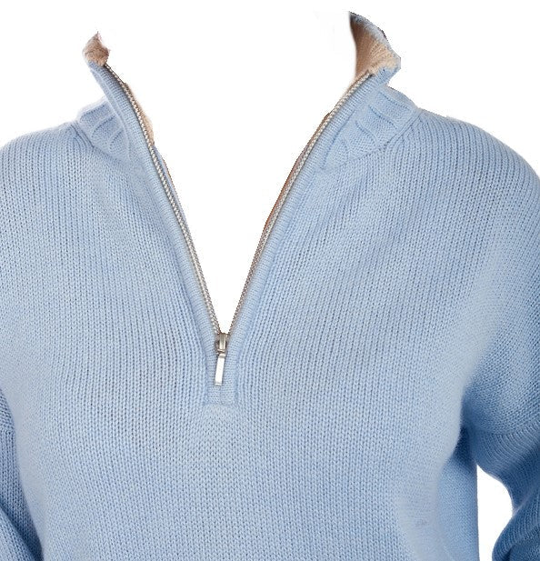 Balldiri 100% Kaschmir Damen Troyer mit Kontrastkragen 6 - fädig - himmelblau - Balldiri