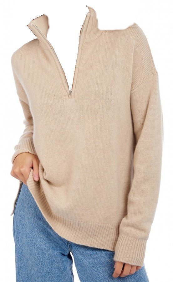 Balldiri 100% Kaschmir Damen Troyer mit Kontrastkragen 6 - fädig - beige - Balldiri