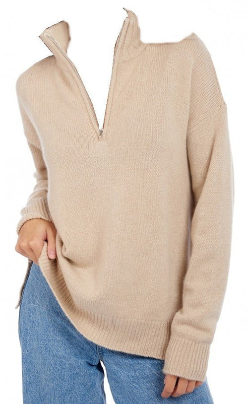 Balldiri 100% Kaschmir Damen Troyer mit Kontrastkragen 6 - fädig - beige - Balldiri