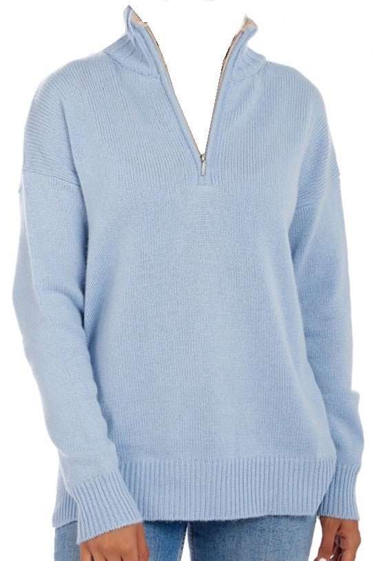 Balldiri 100% Kaschmir Damen Troyer mit Kontrastkragen 6 - fädig - himmelblau - Balldiri