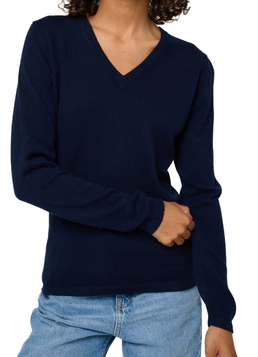 Balldiri 100% Kaschmir Damen V - Pullover 2 - fädig - nachtblau - Balldiri