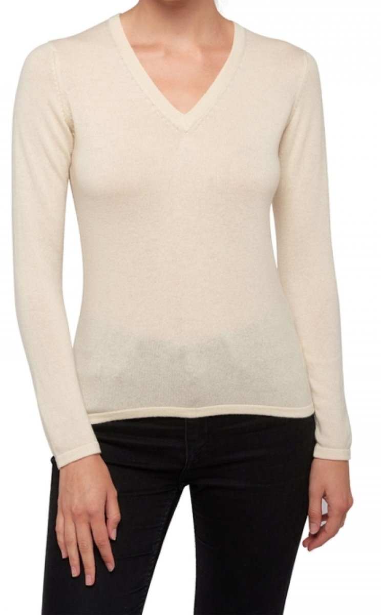 Balldiri 100% Kaschmir Damen V - Pullover 2 - fädig - naturel ecru - Balldiri