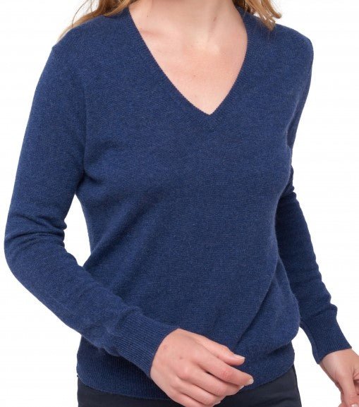 Balldiri 100% Kaschmir Damen V - Pullover 2 - fädig - indigo - Balldiri