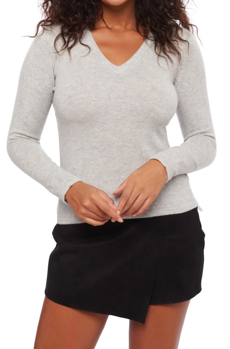 Balldiri 100% Kaschmir Damen V - Pullover 2 - fädig - hellgrau - Balldiri
