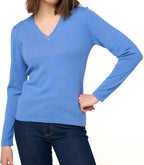 Balldiri 100% Kaschmir Damen V - Pullover 2 - fädig - blau meliert - Balldiri
