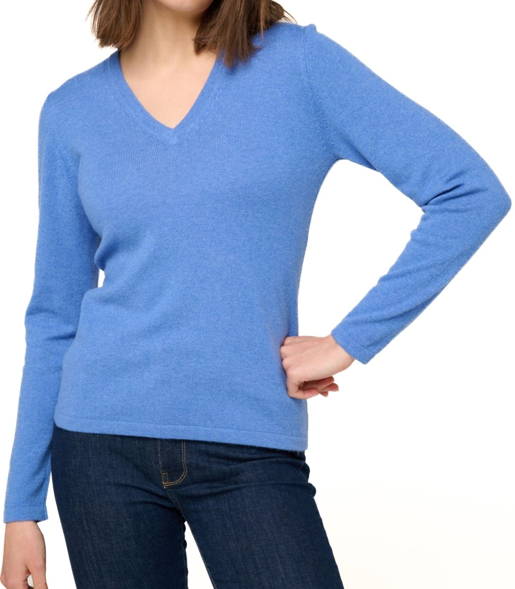 Balldiri 100% Kaschmir Damen V - Pullover 2 - fädig - blau meliert - Balldiri