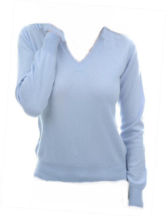 Balldiri 100% Kaschmir Damen V - Pullover 2 - fädig - himmelblau - Balldiri