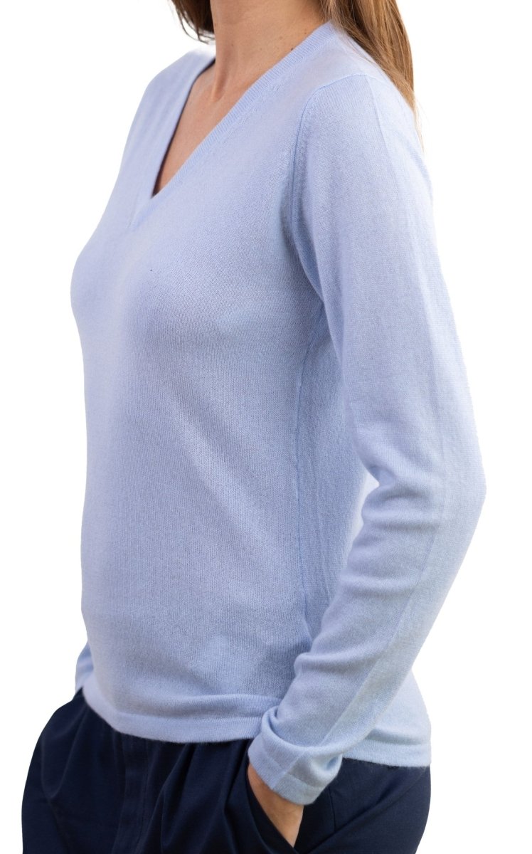 Balldiri 100% Kaschmir Damen V - Pullover 2 - fädig - himmelblau - Balldiri