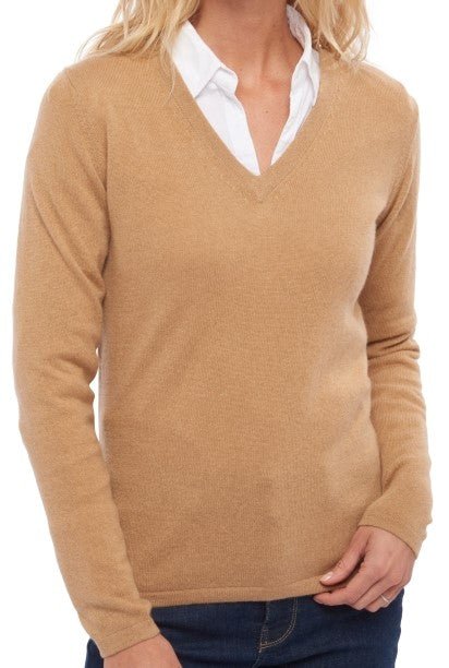 Balldiri 100% Kaschmir Damen V - Pullover 2 - fädig - camel - Balldiri