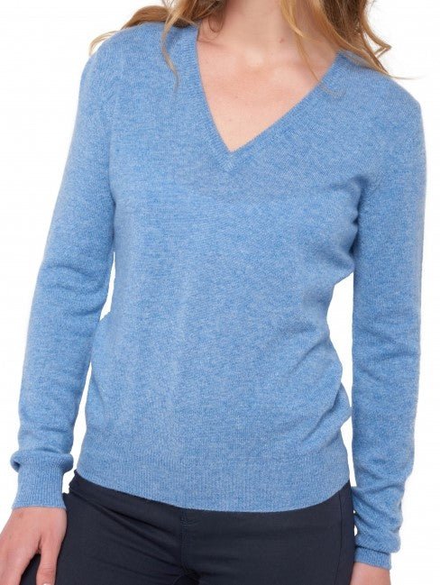 Balldiri 100% Kaschmir Damen V - Pullover 2 - fädig - blau meliert - Balldiri