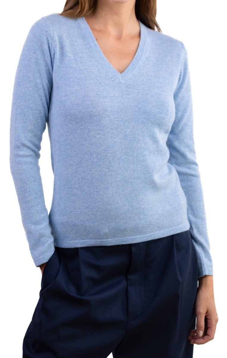 Balldiri 100% Kaschmir Damen V - Pullover 2 - fädig - azurblau meliert - Balldiri